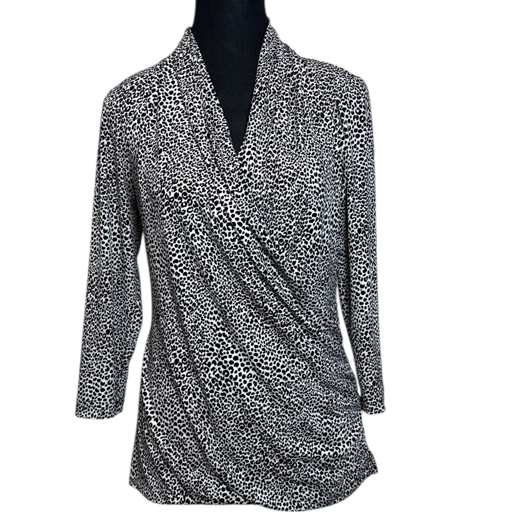Chaus New York Black White Leopard Animal Print V-Neck Wrap Blouse Size M - EUC